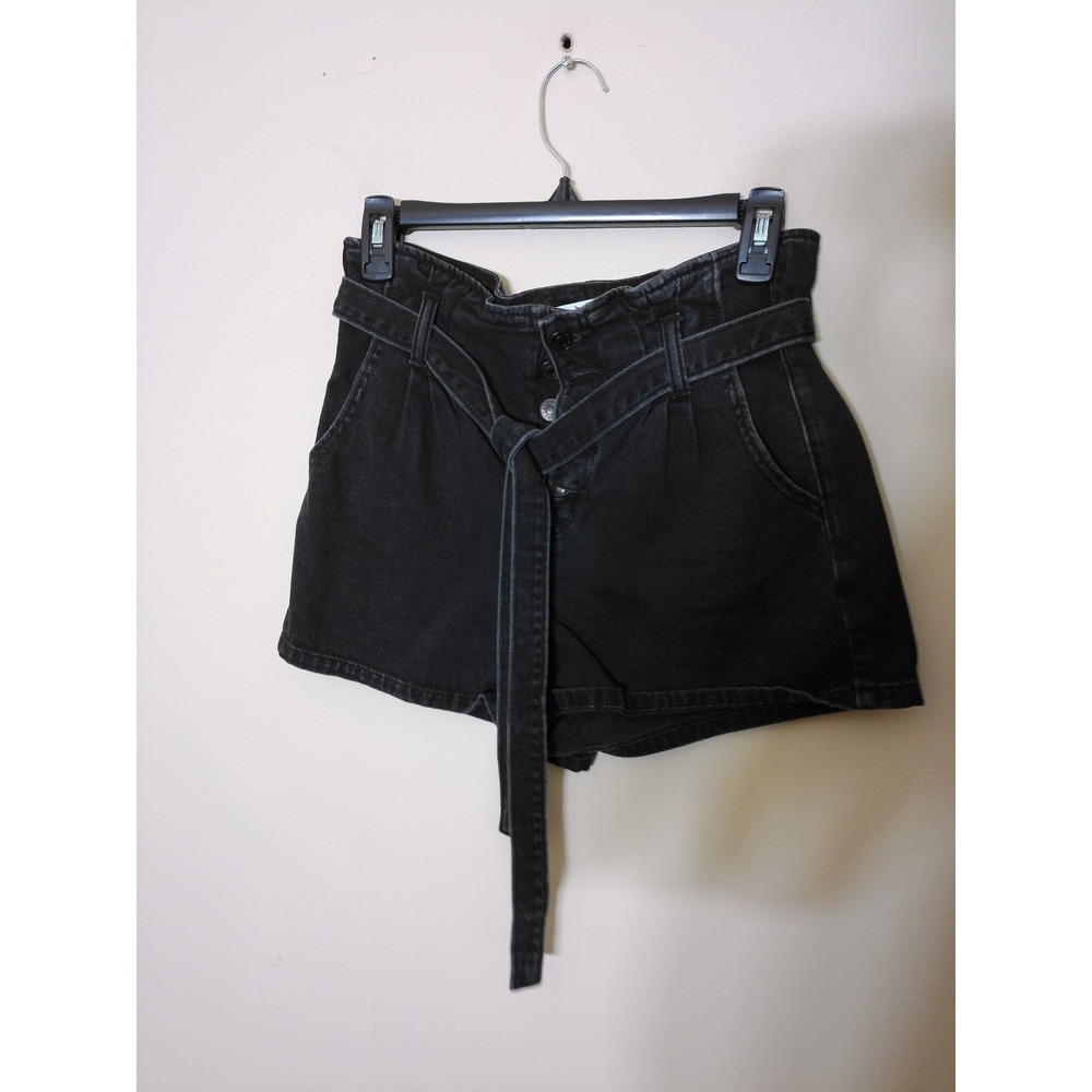 American Eagle Paperbag Denim Shorts Womens 2 Black Tie Waist High Rise Pleated